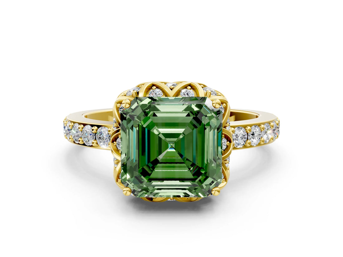 Yellow gold Fancy Green Asscher Cut Diamond Scalloped Halo Engagement Ring with Round Shared Prong Band_24