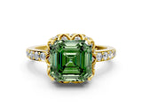 Yellow gold Fancy Green Asscher Cut Diamond Scalloped Halo Engagement Ring with Round Shared Prong Band_24