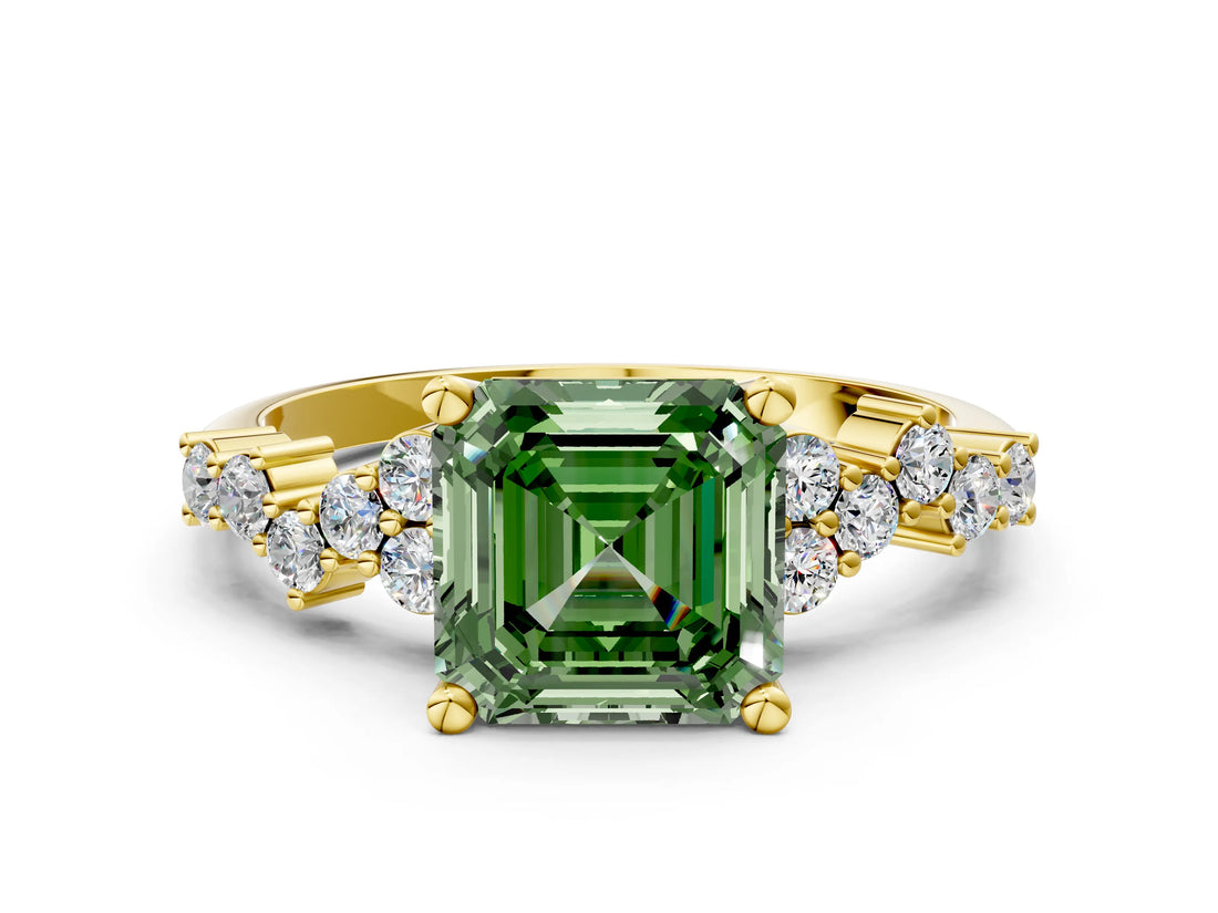 Yellow gold Fancy Green Asscher Cut Diamond Scattered Round Accent Ring with Prong Setting_12