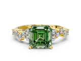 Yellow gold Fancy Green Asscher Cut Diamond Scattered Round Accent Ring with Prong Setting_12