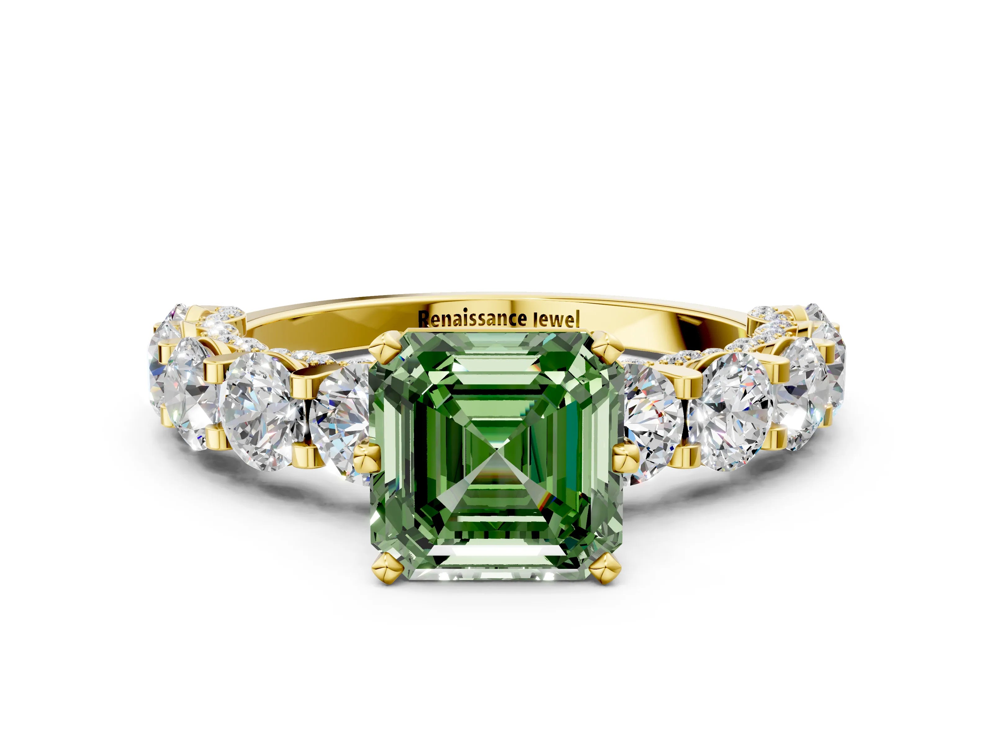 Yellow gold Fancy Green Asscher Cut Diamond Side Stone Engagement Ring with Four-Prong Setting_24