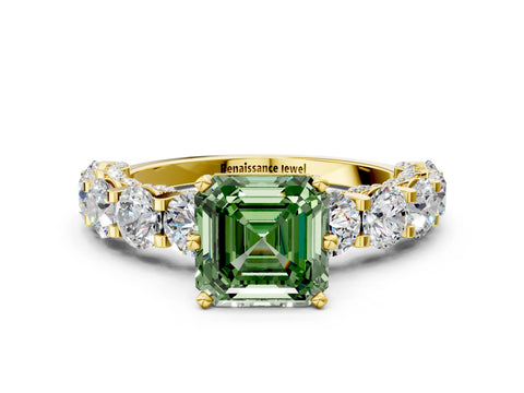 Yellow gold Fancy Green Asscher Cut Diamond Side Stone Engagement Ring with Four-Prong Setting_24