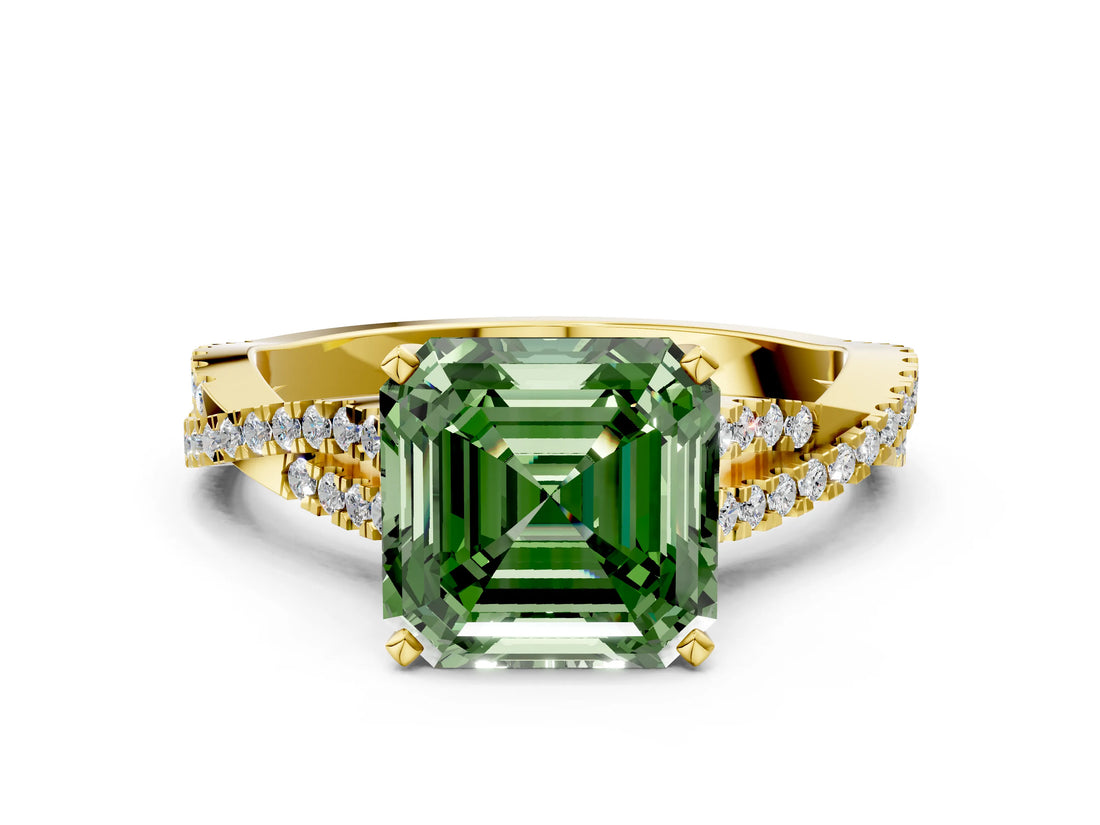 Yellow gold Fancy Green Asscher Cut Diamond Solitaire Engagement Ring with Twisted Pavé Band and Four-Prong Setting_48