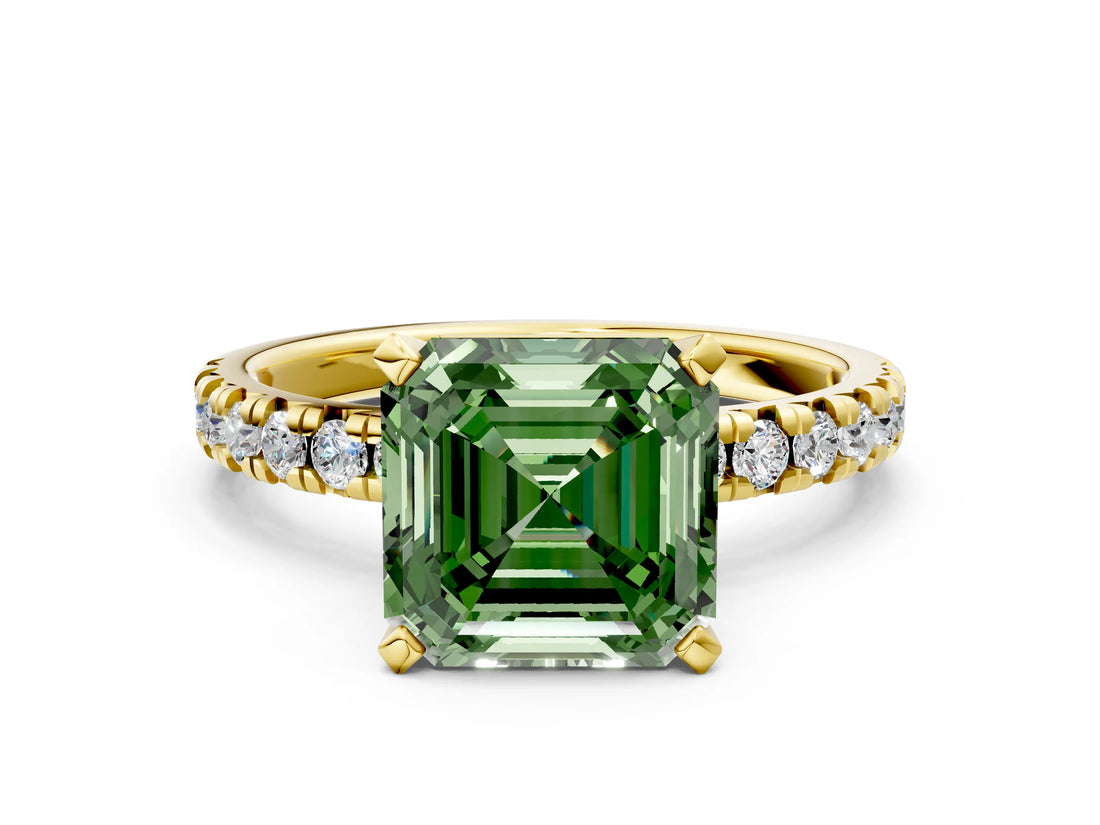 Yellow gold Fancy Green Asscher Cut Diamond Solitaire Pavé Engagement Ring with Round Band and Prong Setting_84