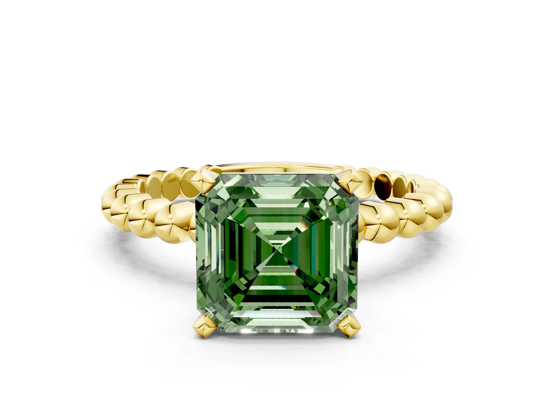 Yellow gold Fancy Green Asscher Cut Diamond Solitaire Ring with Beaded Band and Prong Setting_45