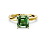 Yellow gold Fancy Green Asscher Cut Diamond Solitaire Ring with Classic Band and Four-Prong Setting