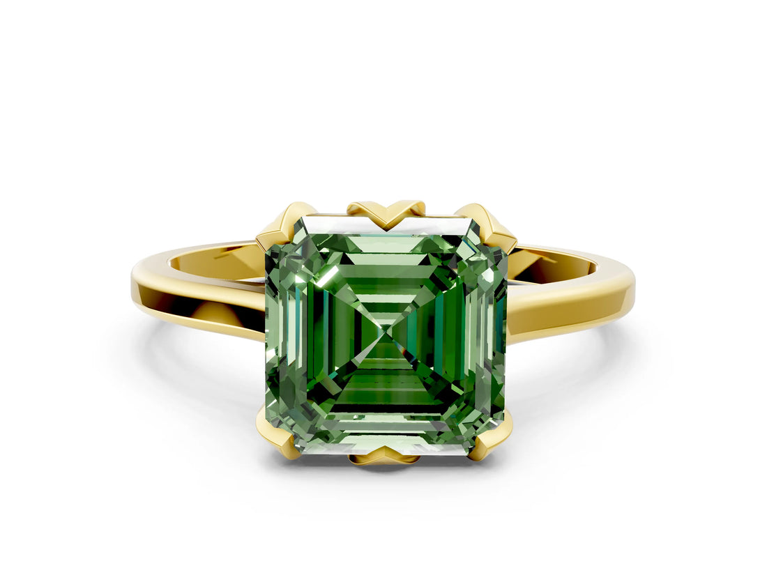 Yellow gold Fancy Green Asscher Cut Diamond Solitaire Ring with Flower Prong Setting and Classic Band_12