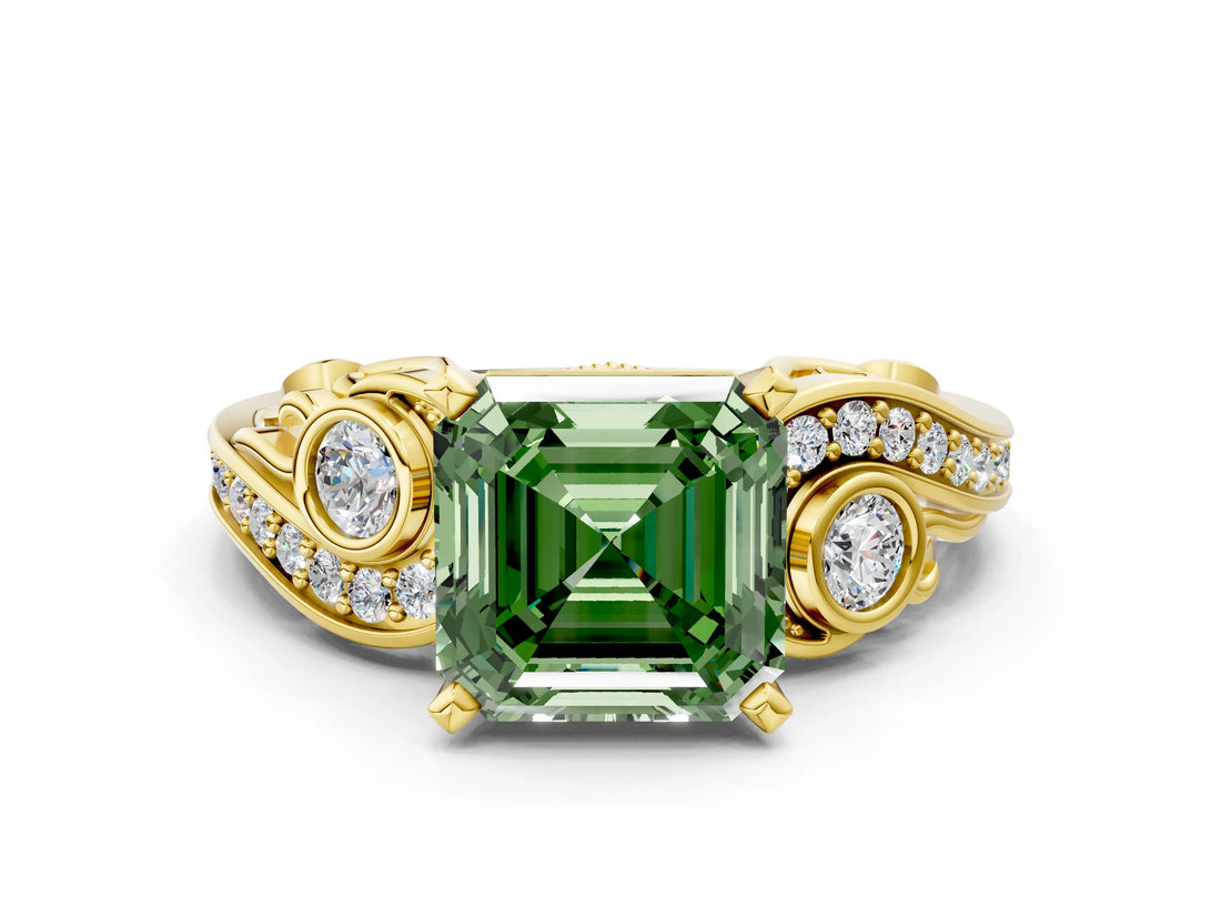 Yellow gold Fancy Green Asscher Cut Diamond Solitaire Ring with Milgrain Pavé Band and Four-Prong Setting_17