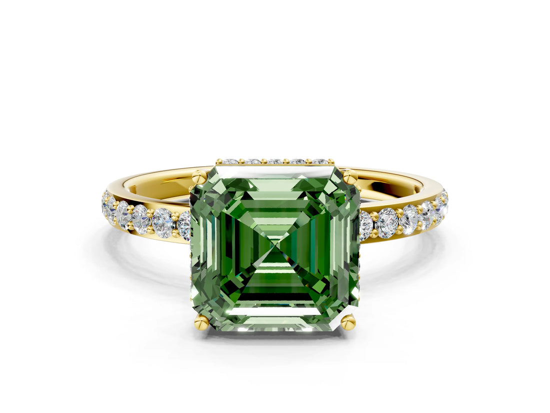 Yellow gold Fancy Green Asscher Cut Diamond Solitaire Ring with Pavé Band and Hidden Halo_21