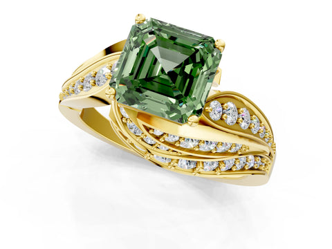 Yellow gold Fancy Green Asscher Cut Diamond Solitaire Ring with Prong Setting and Twisted Pavé Band_1