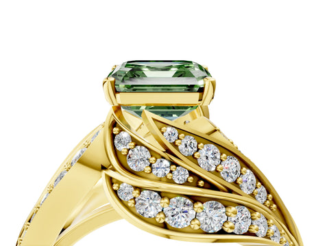Yellow gold Fancy Green Asscher Cut Diamond Solitaire Ring with Prong Setting and Twisted Pavé Band_4