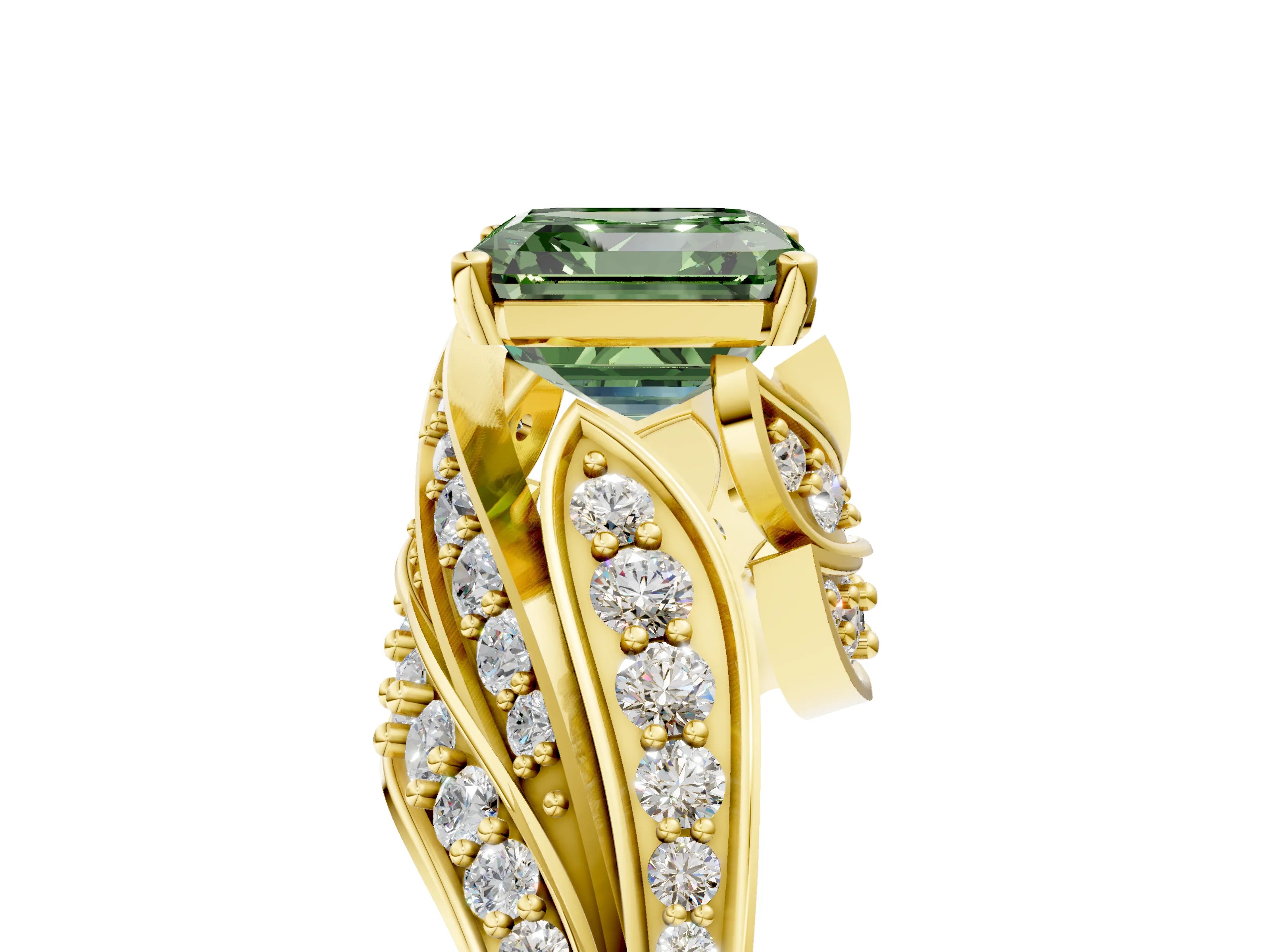 Yellow gold Fancy Green Asscher Cut Diamond Solitaire Ring with Prong Setting and Twisted Pavé Band_5