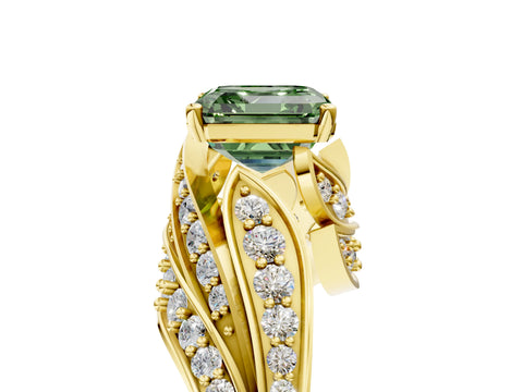Yellow gold Fancy Green Asscher Cut Diamond Solitaire Ring with Prong Setting and Twisted Pavé Band_5