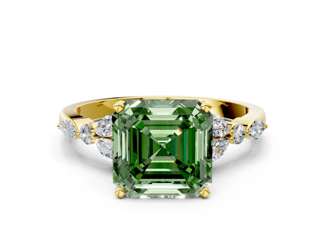 Yellow gold Fancy Green Asscher Cut Diamond Solitaire Ring with Side Stones and Four-Prong Setting_29