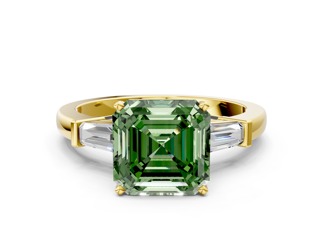 Yellow gold Fancy Green Asscher  Cut Diamond Solitaire Ring with Tapered Baguette Accents and Four-Prong Setting_17