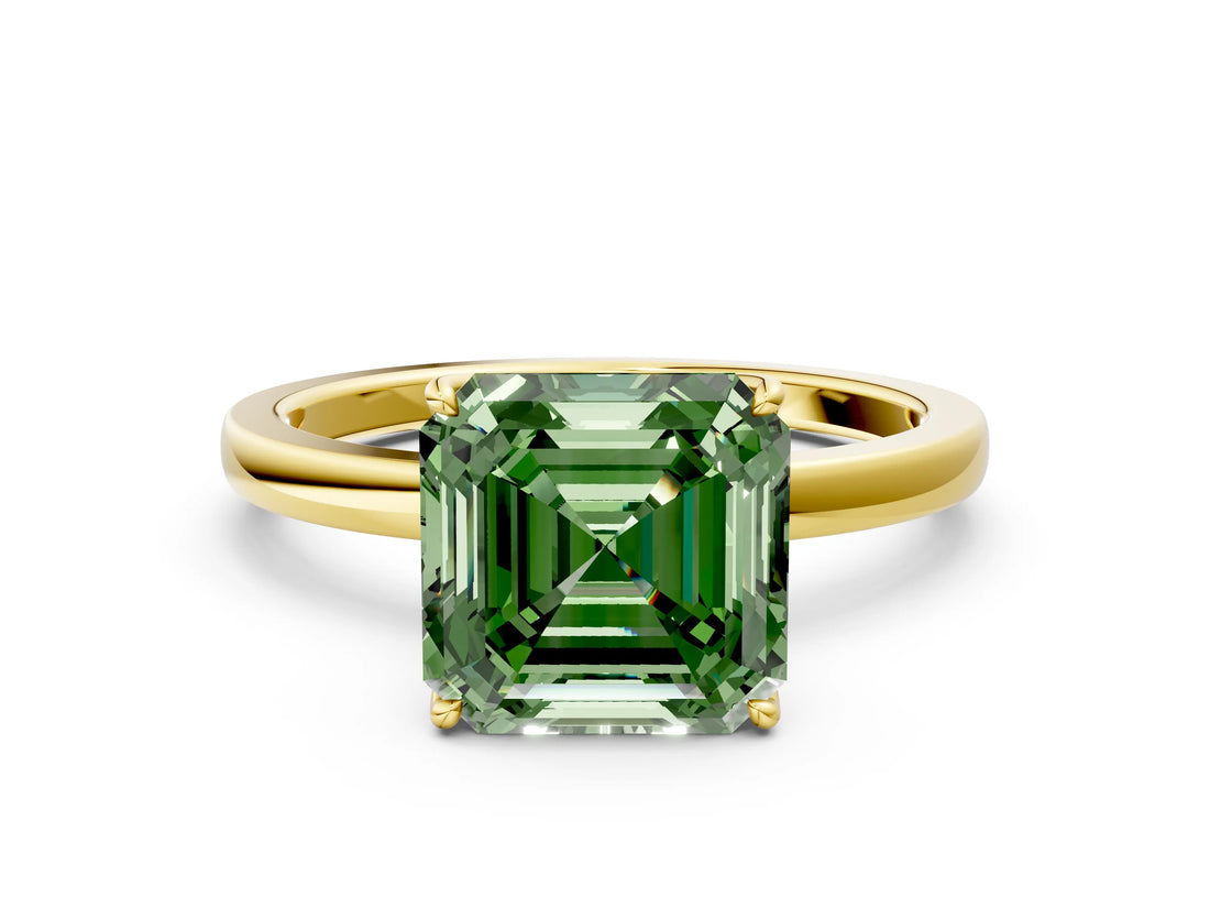 Yellow gold Fancy Green Asscher Cut Diamond Solitaire Ring with Thin Band and Prong Setting_12