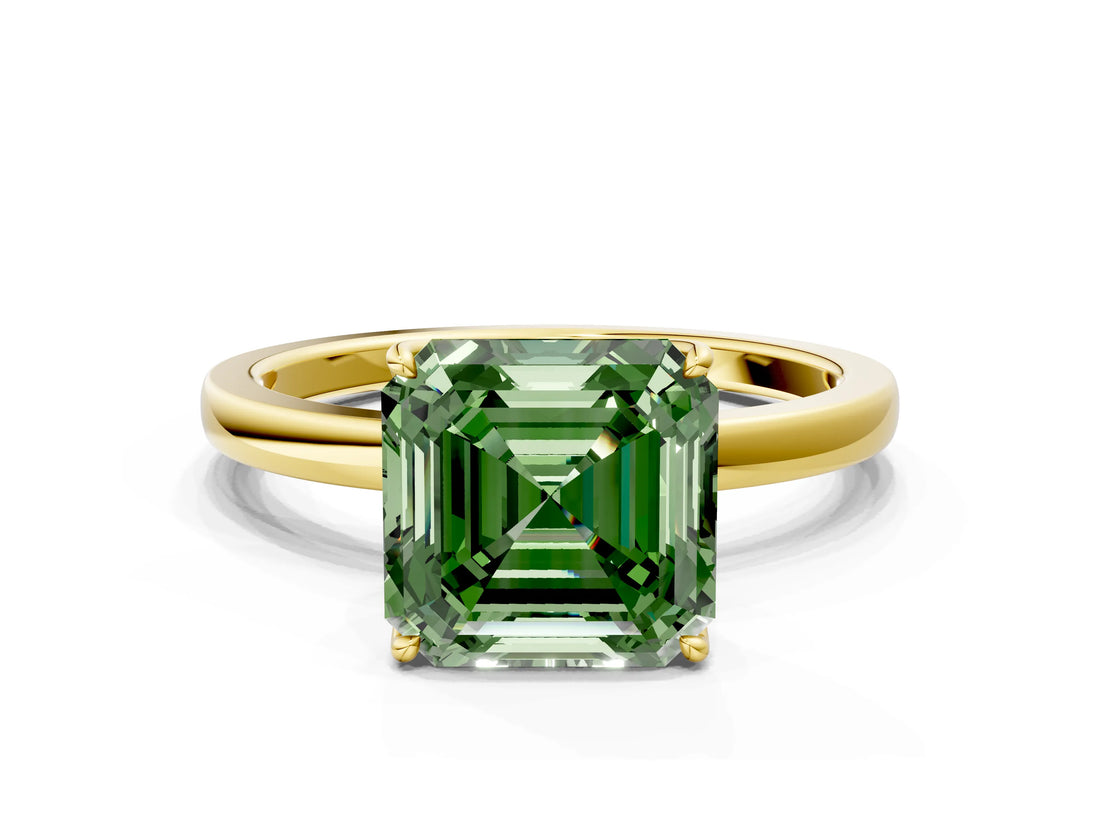Yellow gold Fancy Green Asscher Cut Diamond Solitaire Ring with Thin Band and Prong Setting_24