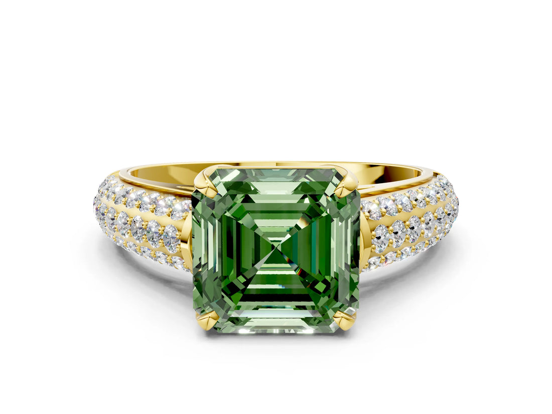 Yellow gold Fancy Green Asscher Cut Diamond Solitaire Ring with Three-Row Pavé Band and Four-Prong Setting_17
