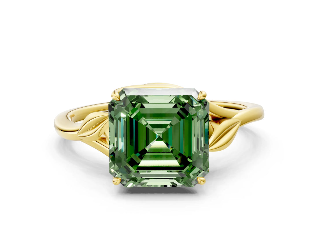 Yellow gold Fancy Green Asscher Cut Diamond Solitaire Ring with Twist Band and Four-Prong Setting_29