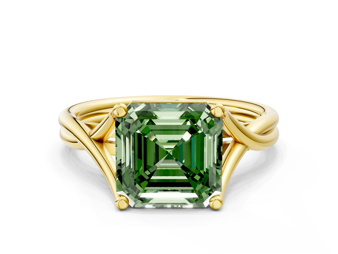 Yellow gold Fancy Green Asscher Cut Diamond Solitaire Twist Band Prong Setting Ring_43