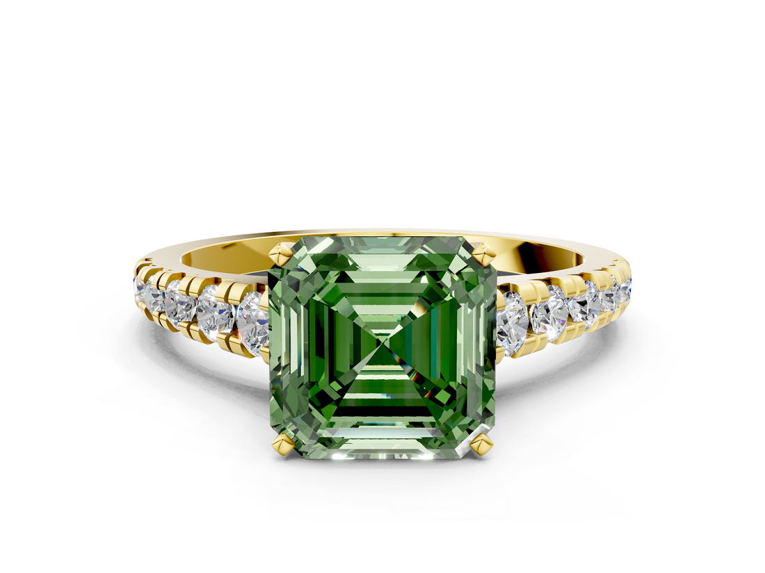Yellow gold Fancy Green Asscher  Cut Diamond Solitaire with Pave Band and Four-Prong Setting
