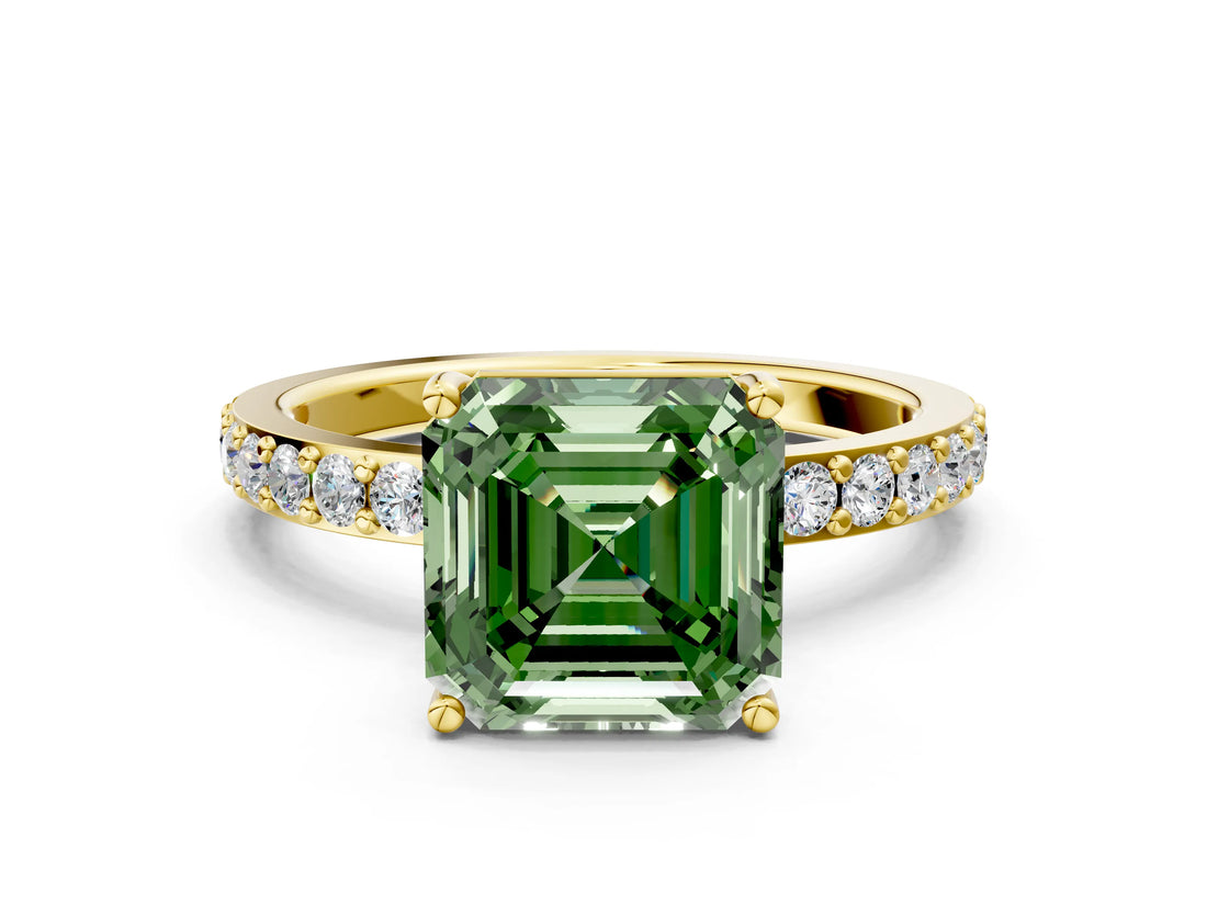 Yellow gold Fancy Green Asscher  Cut Diamond Solitaire with Pave Band and Four-Prong Setting