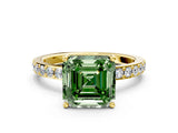 Yellow gold Fancy Green Asscher  Cut Diamond Solitaire with Pave Band and Four-Prong Setting