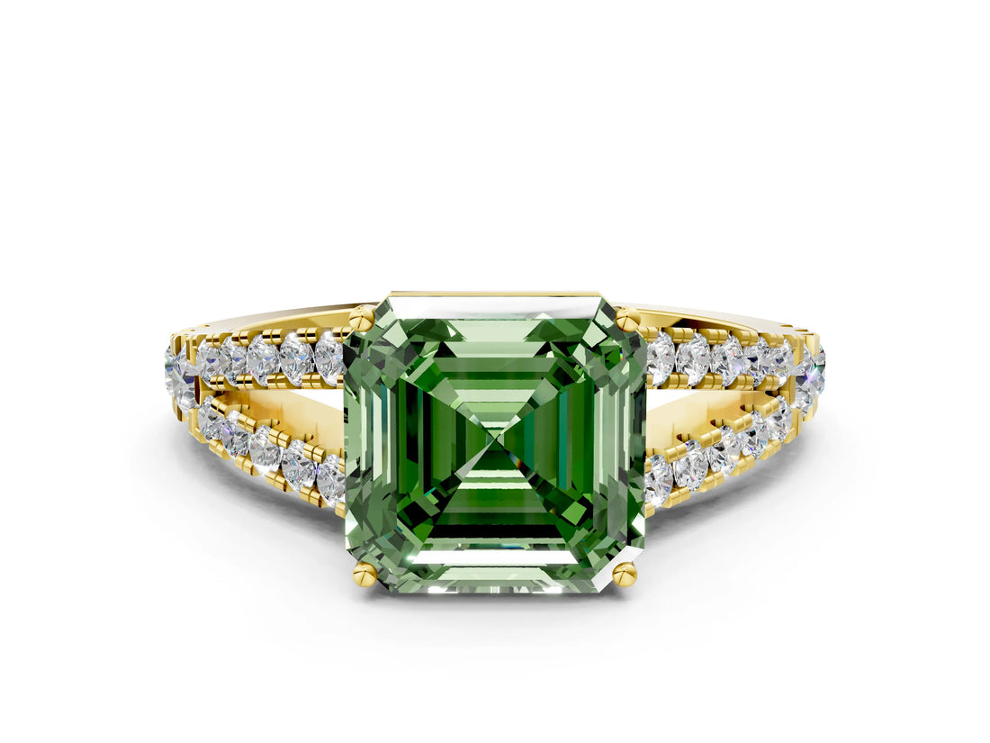 Yellow gold Fancy Green Asscher Cut Diamond Split Shank Pavé Engagement Ring with Four-Prong Setting_12