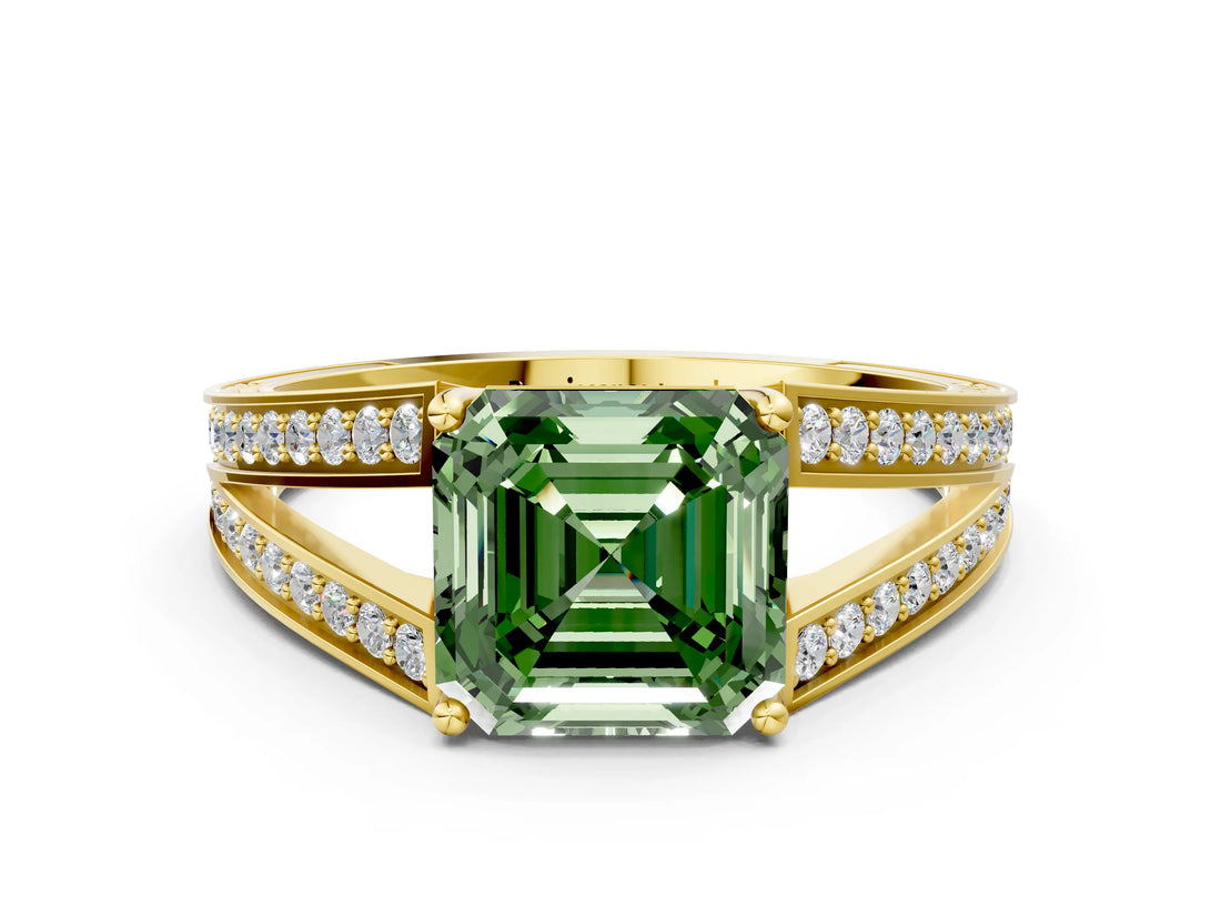 Yellow gold Fancy Green Asscher Cut Diamond Split Shank Ring with Pavé Band and Four-Prong Setting_35