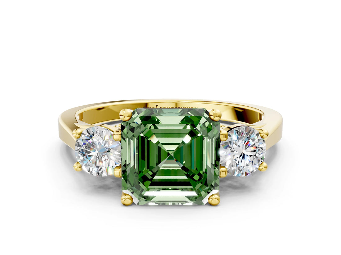 Yellow gold Fancy Green Asscher Cut Diamond Three-Stone Engagement Ring with Prong Setting and Pavé Band