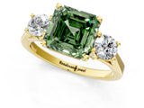 Yellow gold Fancy Green Asscher Cut Diamond Three-Stone Engagement Ring with Prong Setting and Pavé Band_1