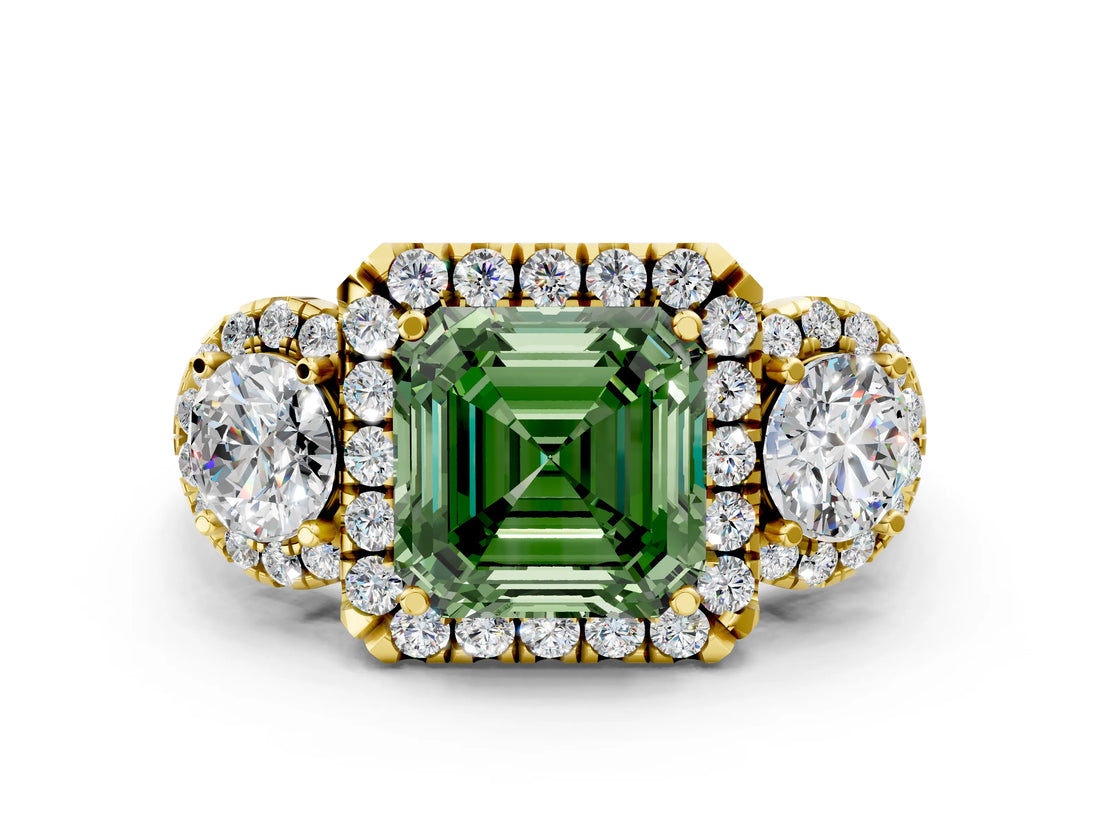 Yellow gold Fancy Green Asscher Cut Diamond Three-Stone Halo Ring with Prong Setting and Pavé Accents