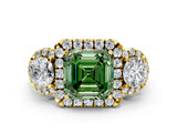 Yellow gold Fancy Green Asscher Cut Diamond Three-Stone Halo Ring with Prong Setting and Pavé Accents