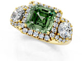 Yellow gold Fancy Green Asscher Cut Diamond Three-Stone Halo Ring with Prong Setting and Pavé Accents_1