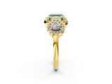 Yellow gold Fancy Green Asscher Cut Diamond Three-Stone Halo Ring with Prong Setting and Pavé Accents_2