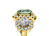 Yellow gold Fancy Green Asscher Cut Diamond Three-Stone Halo Ring with Prong Setting and Pavé Accents_5