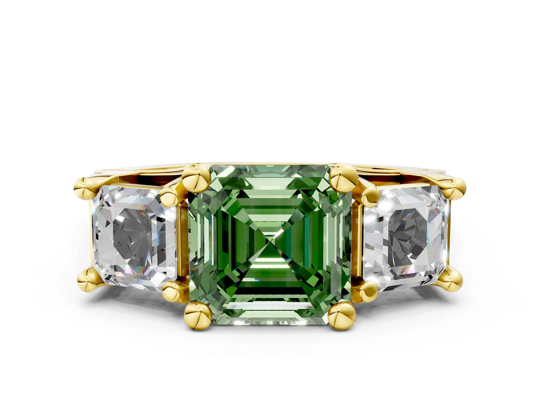 Yellow gold Fancy Green Asscher Cut Diamond Three-Stone Ring with Channel Set Band and Four-Prong Setting_63