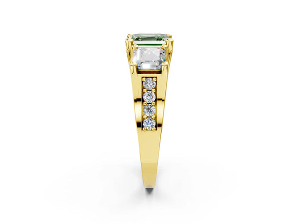 Yellow Gold Asscher Cut Three Stone Pave Engagement Ring Setting for Fancy Green Center with Near-Equal Side Stones