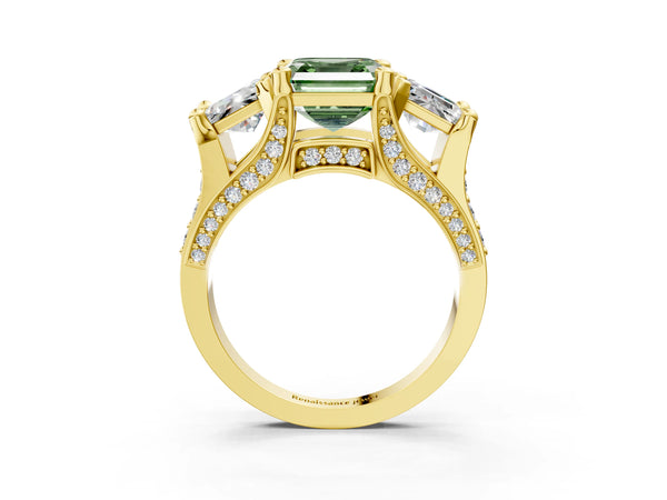 Yellow Gold Asscher Cut Three Stone Pave Engagement Ring Setting for Fancy Green Center with Near-Equal Side Stones