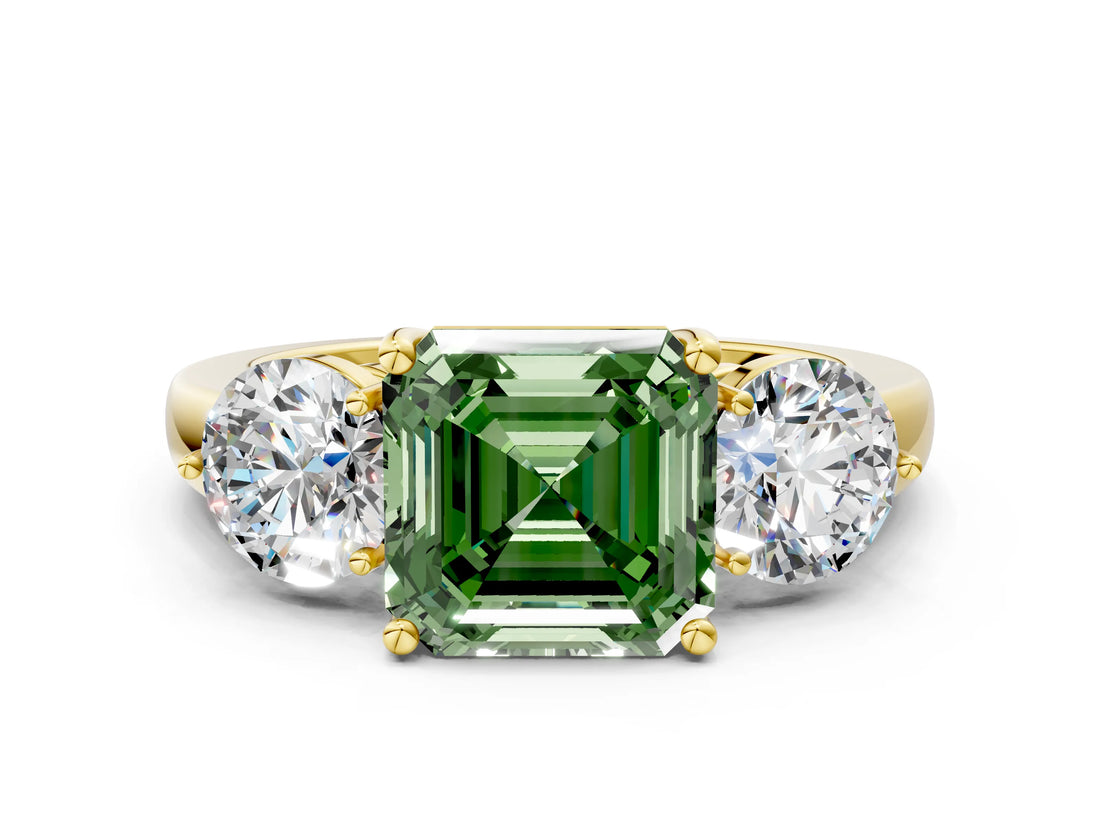 Yellow gold Fancy Green Asscher Cut Diamond Three-Stone Ring with Prong Setting and Classic Band_51