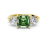 Yellow gold Fancy Green Asscher Cut Diamond Three-Stone Ring with Prong Setting and Pavé Band