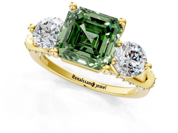 Yellow Gold Asscher Cut Curved Pave Three Stone Engagement Ring Setting for Fancy Green Center
