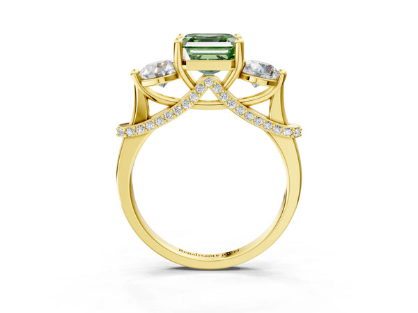 Yellow Gold Asscher Cut Curved Pave Three Stone Engagement Ring Setting for Fancy Green Center