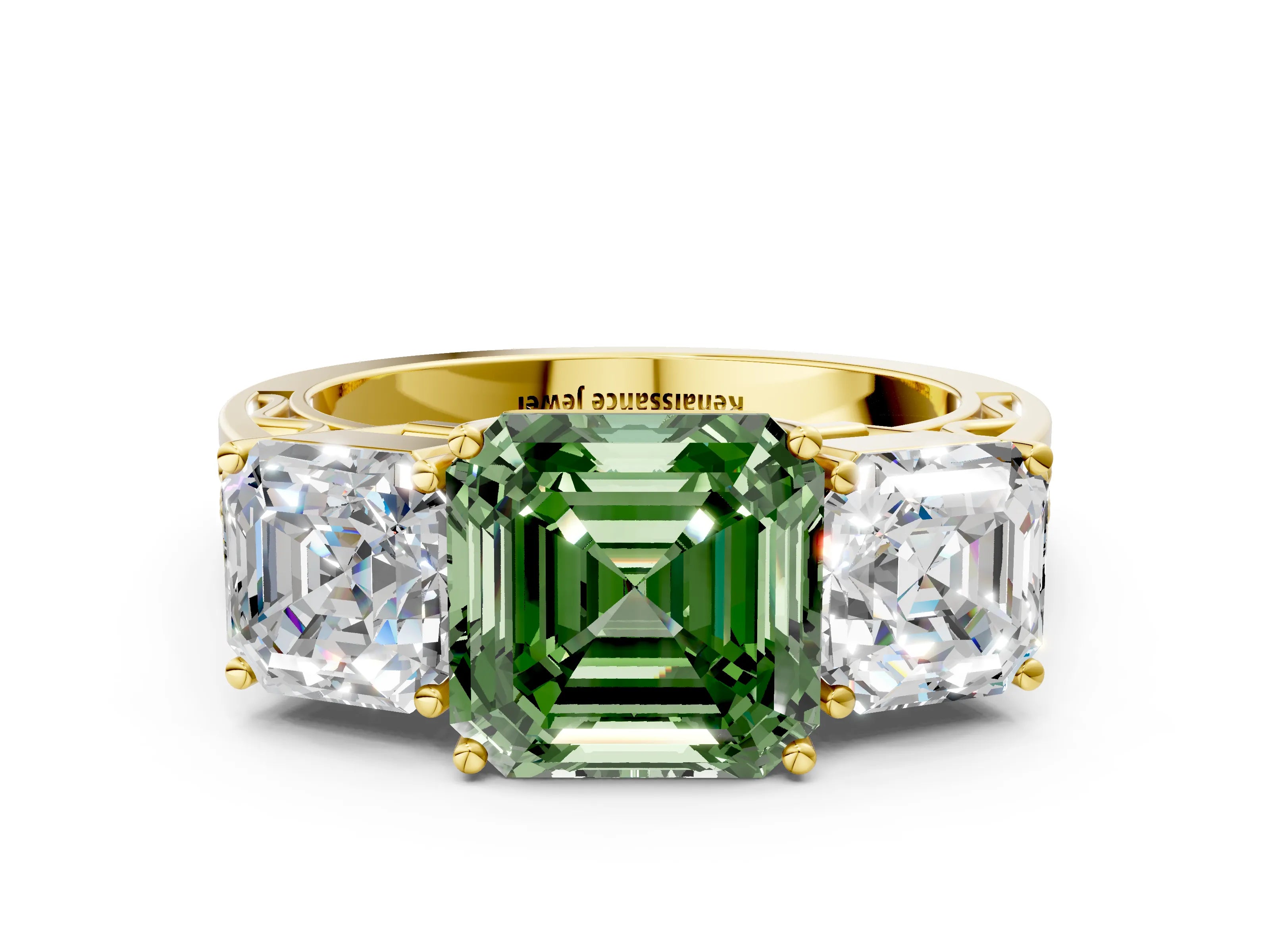 Yellow gold Fancy Green Asscher Cut Diamond Three-Stone Ring with Prong Setting and Textured Band