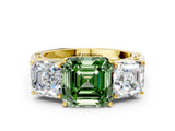 Yellow gold Fancy Green Asscher Cut Diamond Three-Stone Ring with Prong Setting and Textured Band
