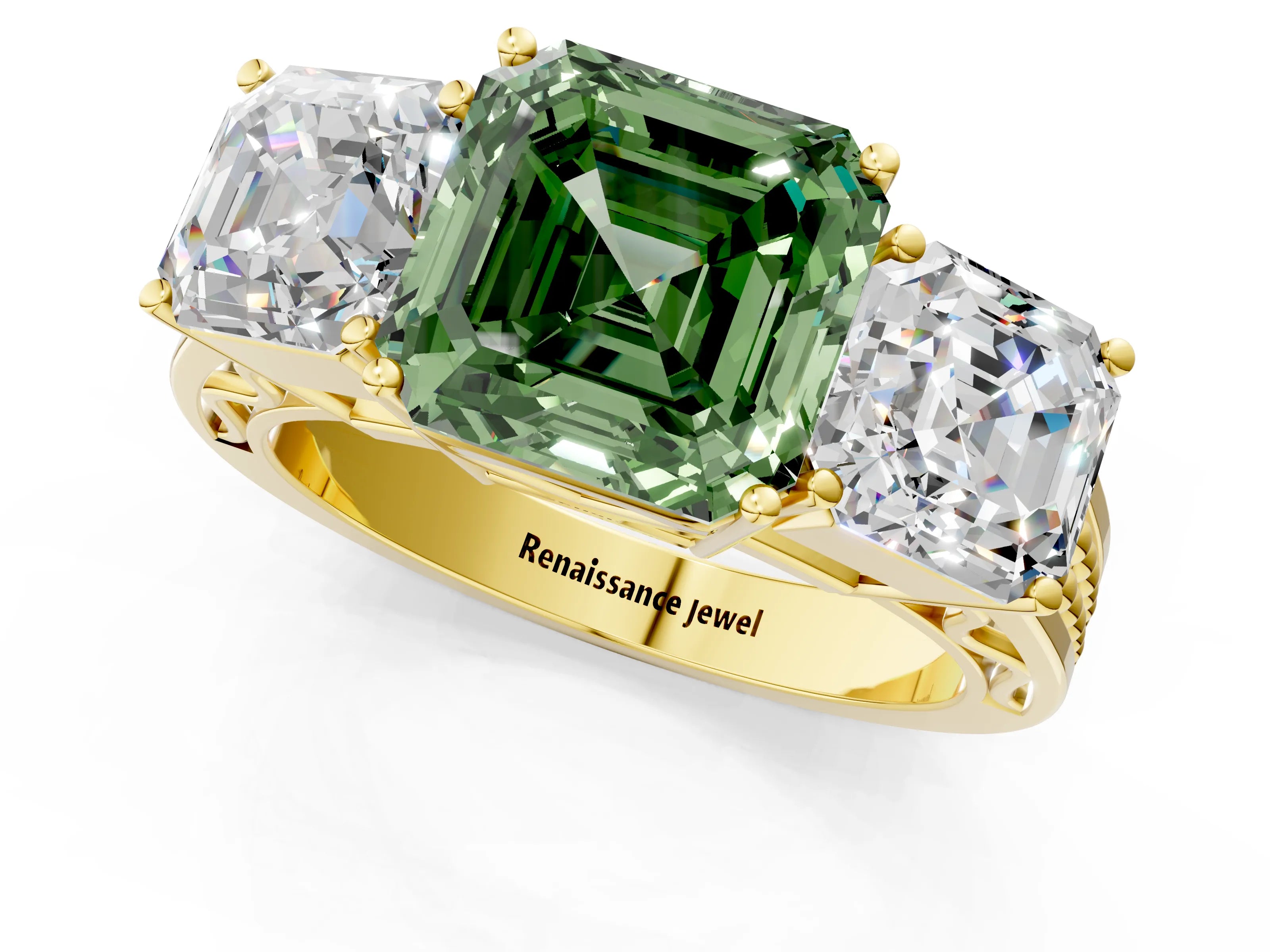 Yellow gold Fancy Green Asscher Cut Diamond Three-Stone Ring with Prong Setting and Textured Band_1