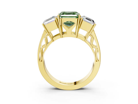 Yellow gold Fancy Green Asscher Cut Diamond Three-Stone Ring with Prong Setting and Textured Band_3