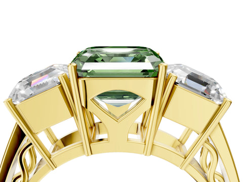 Yellow gold Fancy Green Asscher Cut Diamond Three-Stone Ring with Prong Setting and Textured Band_4