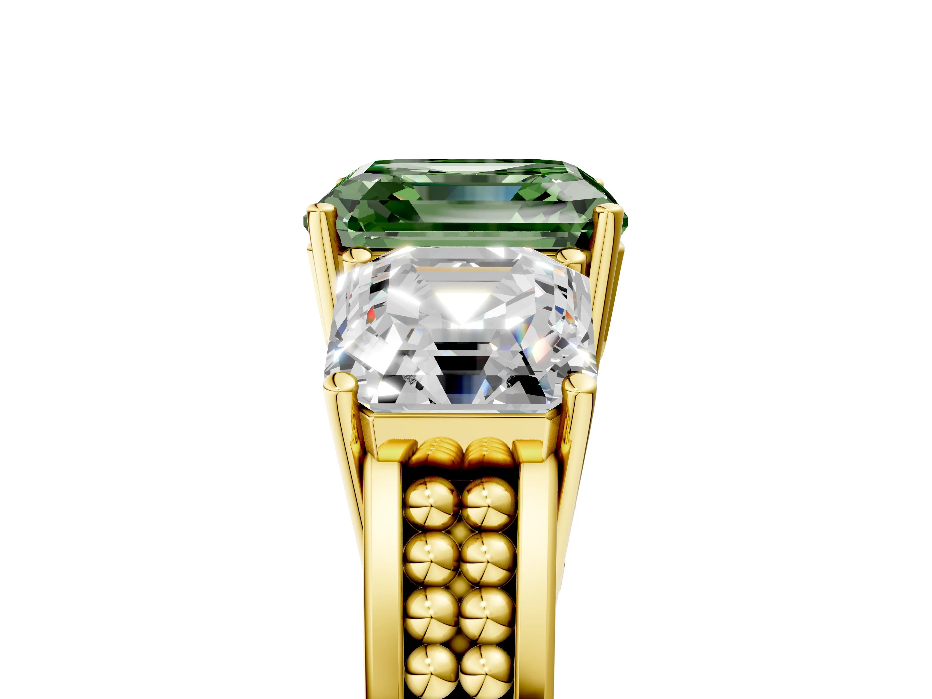 Yellow gold Fancy Green Asscher Cut Diamond Three-Stone Ring with Prong Setting and Textured Band_5