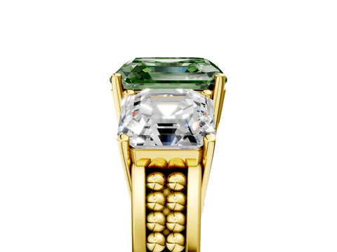 Yellow gold Fancy Green Asscher Cut Diamond Three-Stone Ring with Prong Setting and Textured Band_5